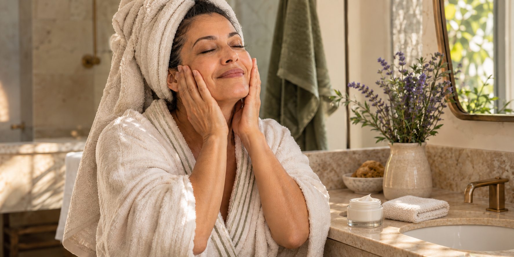Mulher madura cuidando do rosto, com creme facial e toalha sobre a bancada